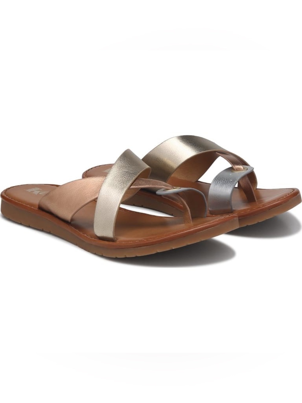 Kork-Ease Women's Metallic Triple-Strip Slide Sandal in Rose Gold, Gold & Silver